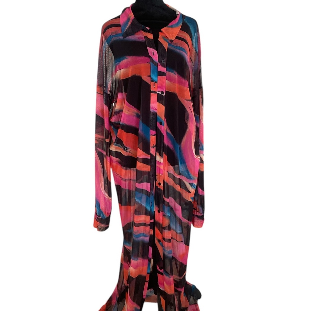 Multi colored Colorful Long Sheer Button-Up Shirt,Dress,Top,Bathing suit cover - Picture 3 of 10